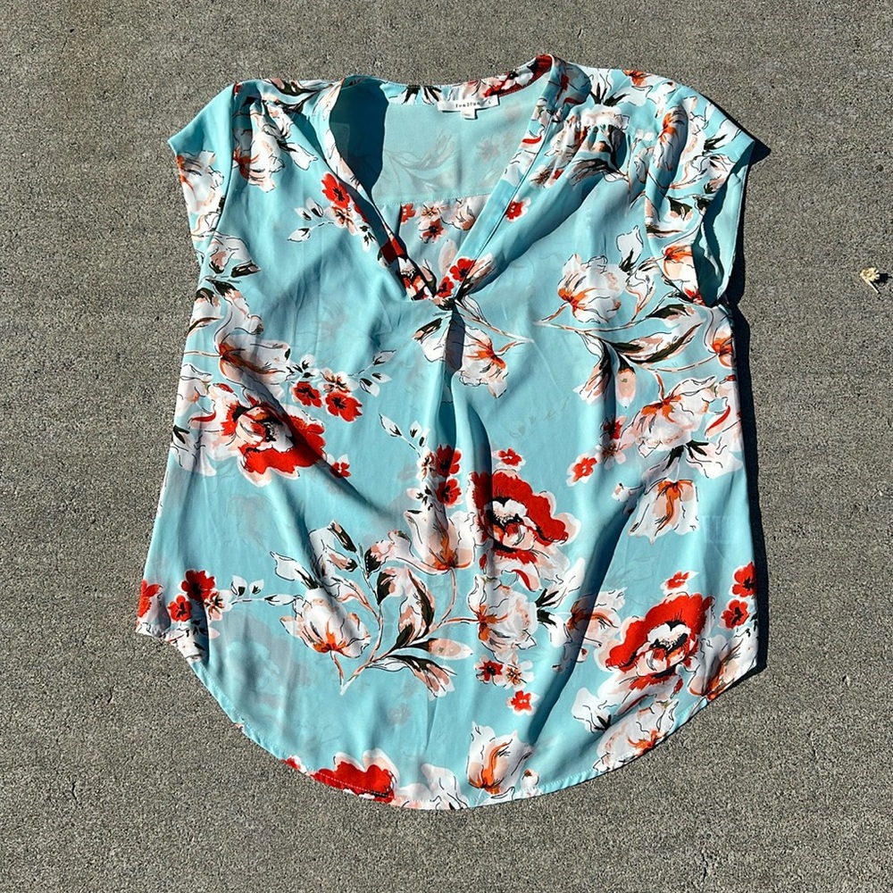 Floral V-Neck Cap Sleeve Top - Aqua with Red Floral